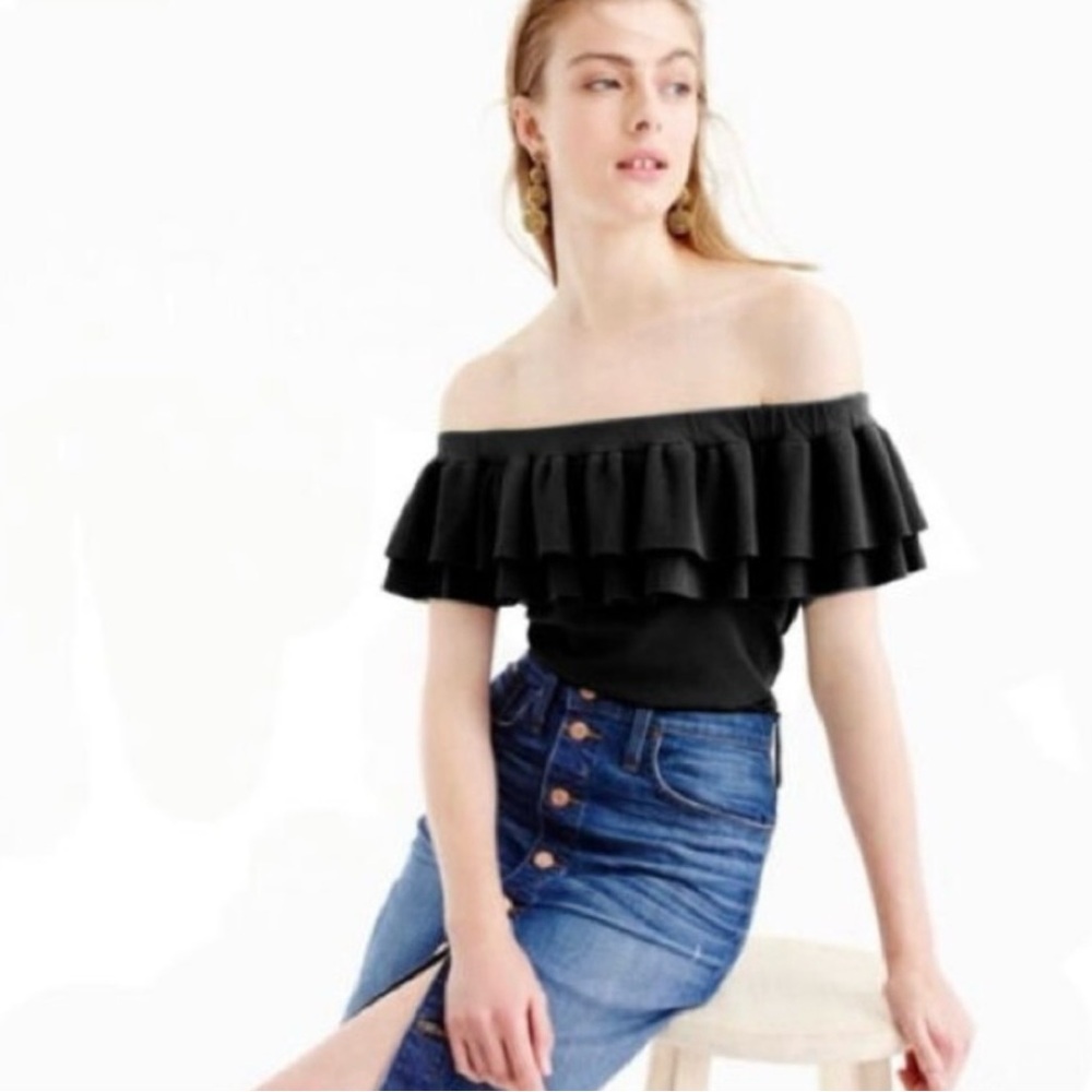 J. Crew Lightweight Off-The-Shoulder Sweater in Black size XX-Small Knit Ruffles